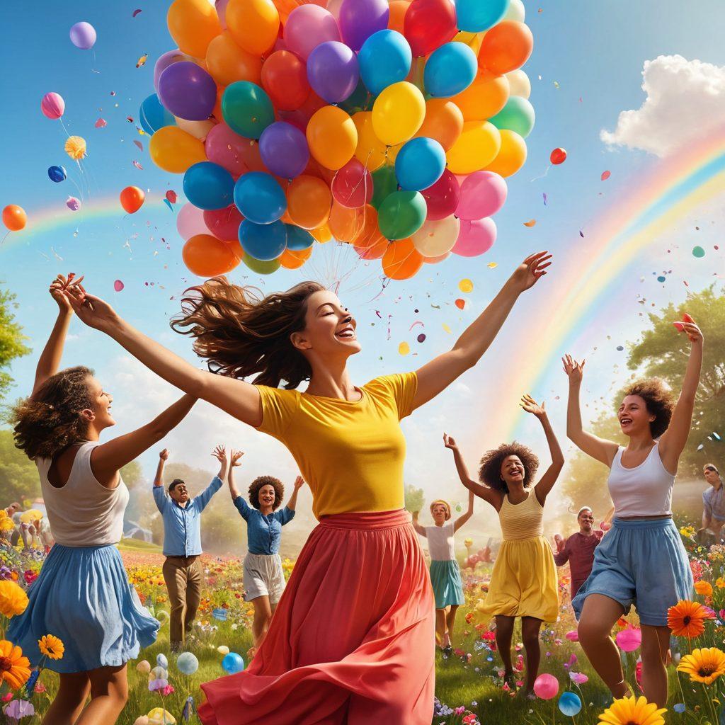 A vibrant, joyful scene depicting a diverse group of people engaged in various activities that bring them happiness, like dancing, painting, and meditating. The environment is filled with colorful flowers, sunshine, and uplifting elements like balloons and rainbows symbolizing joy and ecstasy. Emphasize facial expressions of pure bliss and connectedness among the individuals. The overall feeling should be exuberant and uplifting, encouraging viewers to embrace happiness. super-realistic. vibrant colors. 3D.