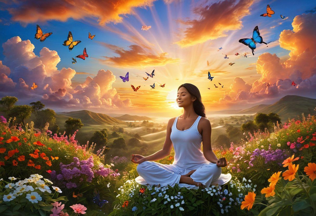A serene sunrise over a lush landscape, symbolizing new beginnings and positivity. Include a joyful figure meditating amidst blooming flowers, radiating warm light. The scene features vibrant colors with butterflies fluttering, reflecting freedom and happiness. In the sky, soft clouds form shapes of smiles and hearts. super-realistic. vibrant colors. peaceful atmosphere.