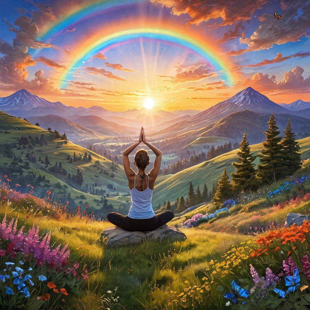 A serene landscape featuring a sunrise over rolling hills, with a cheerful figure practicing yoga on a mountaintop, surrounded by vibrant wildflowers. Add uplifting elements like butterflies fluttering and a rainbow arching across the sky to symbolize positivity. The scene should radiate warmth and joy, inviting viewers to feel a sense of blissful adventure. super-realistic. vibrant colors. soft focus.